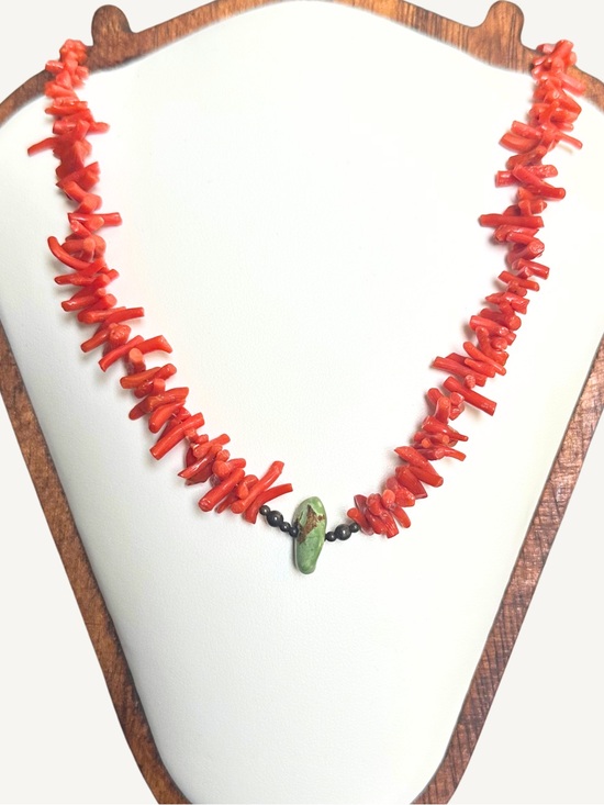 Vintage Jewelry - RARE Natural Red Coral Turquoise Sterling Necklace 17 Inch